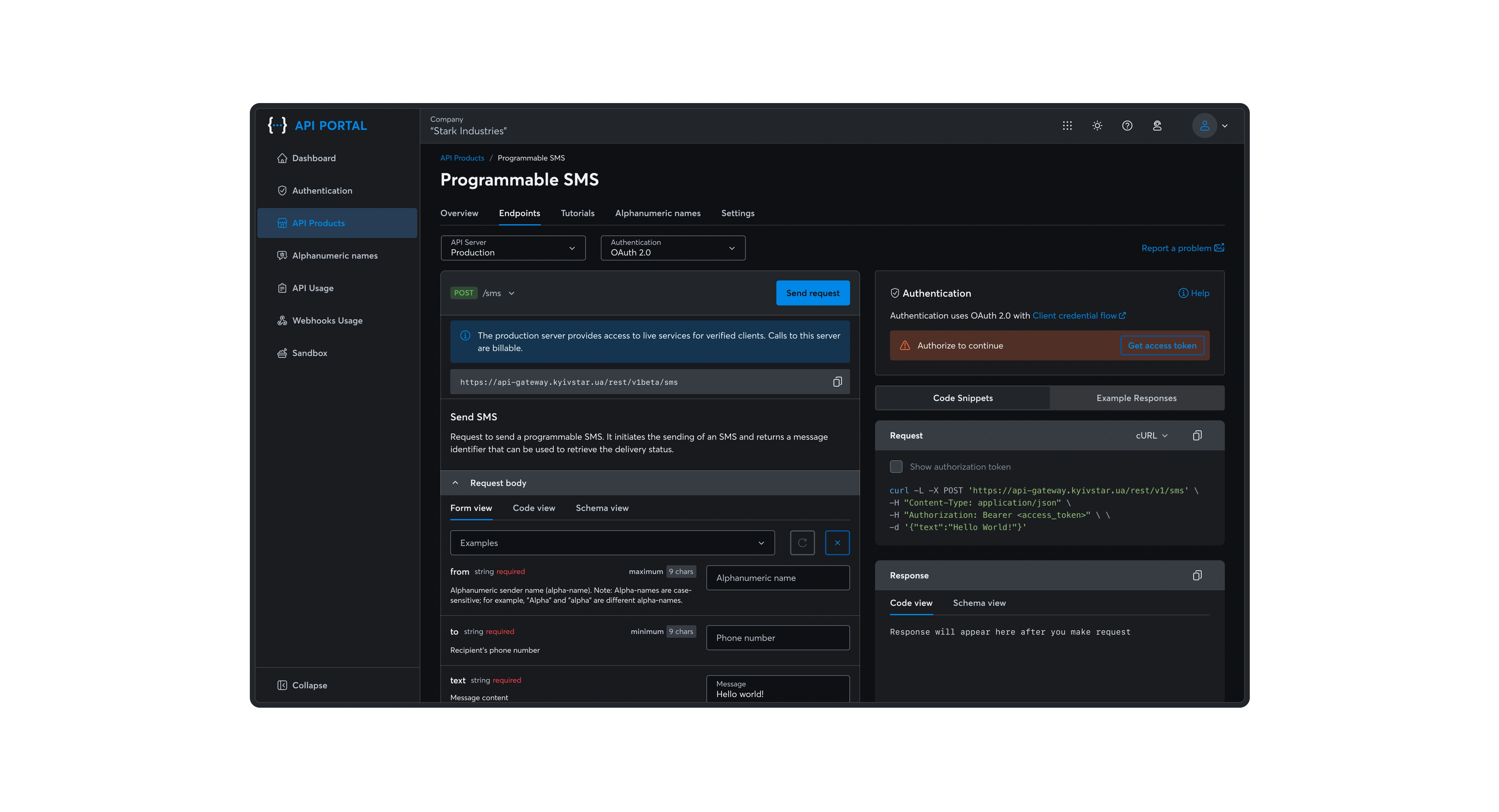 API Portal interface for SMS with interactive explorer, request form, code snippets, and OAuth 2.0.